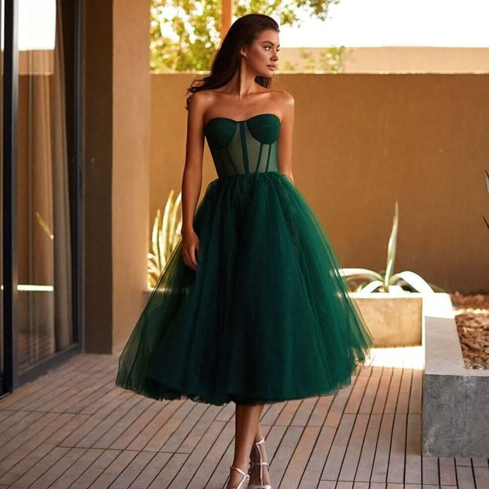 Milla Emerald Green Strapless Puffy Midi Tulle Dress